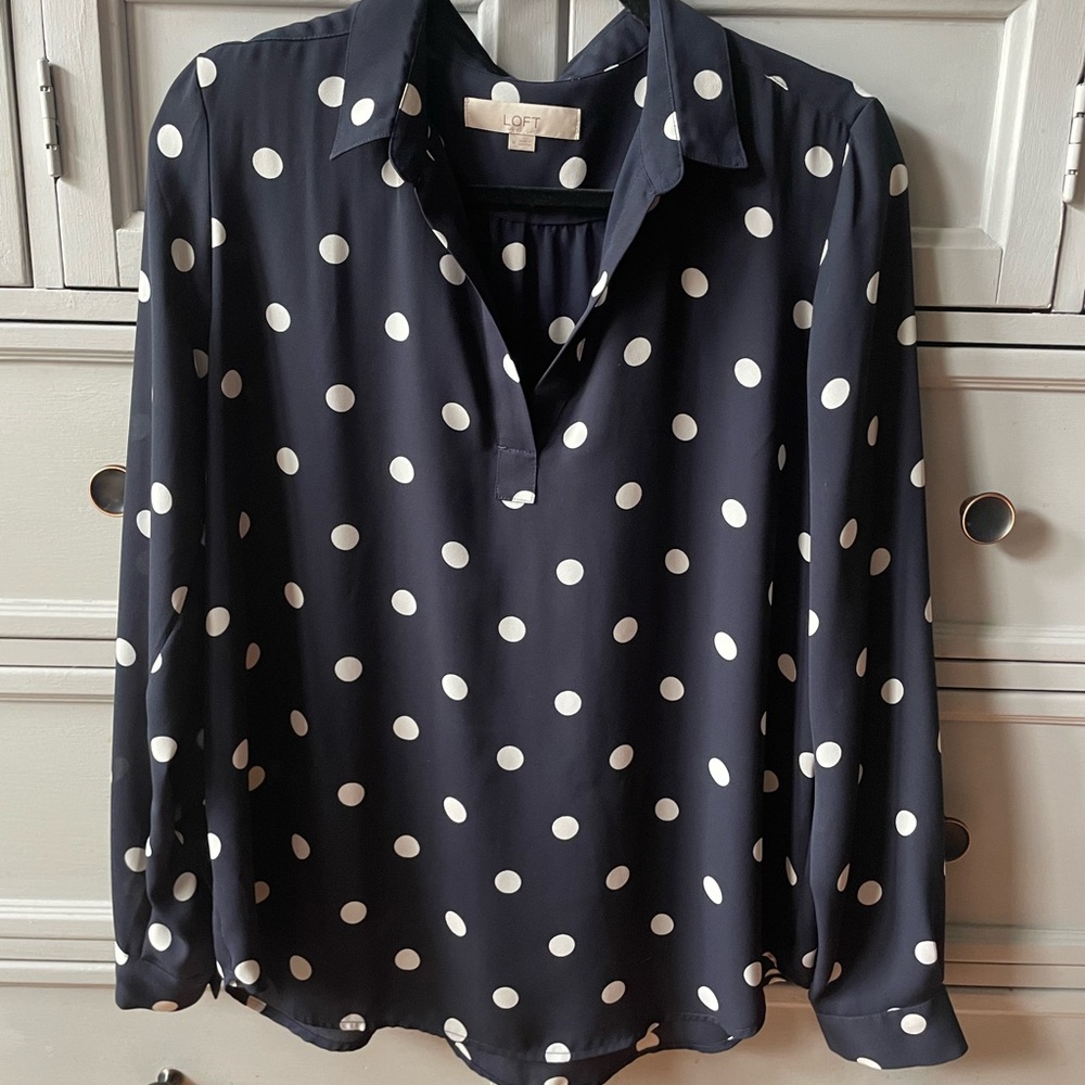 LOFT Dark Blue Blouse with White Polka Dots